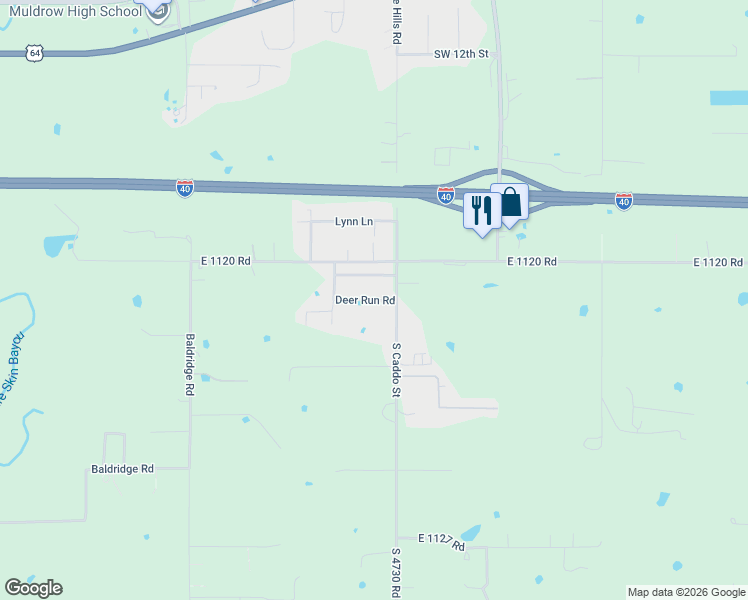 map of restaurants, bars, coffee shops, grocery stores, and more near 408 Deer Run Road in Muldrow