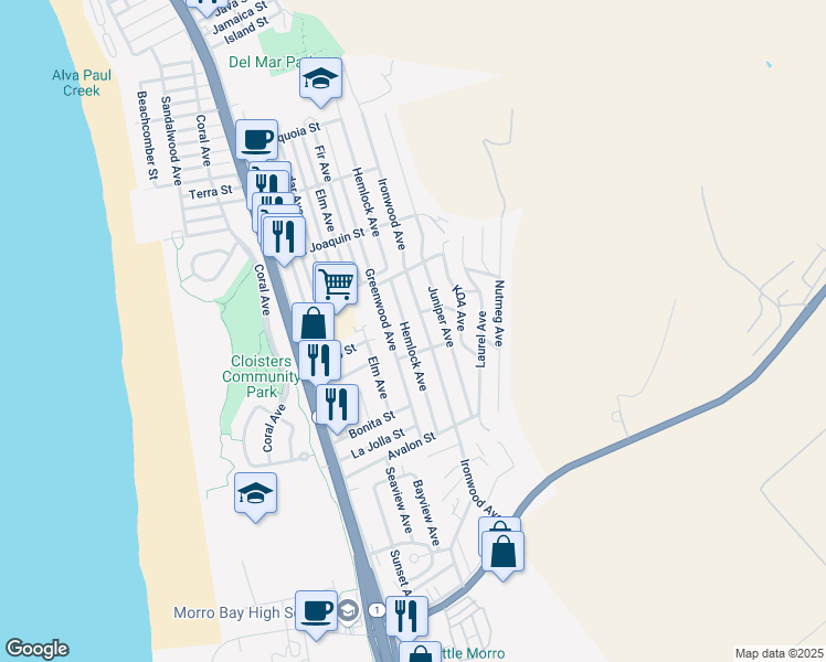 map of restaurants, bars, coffee shops, grocery stores, and more near 2580 Greenwood Avenue in Morro Bay