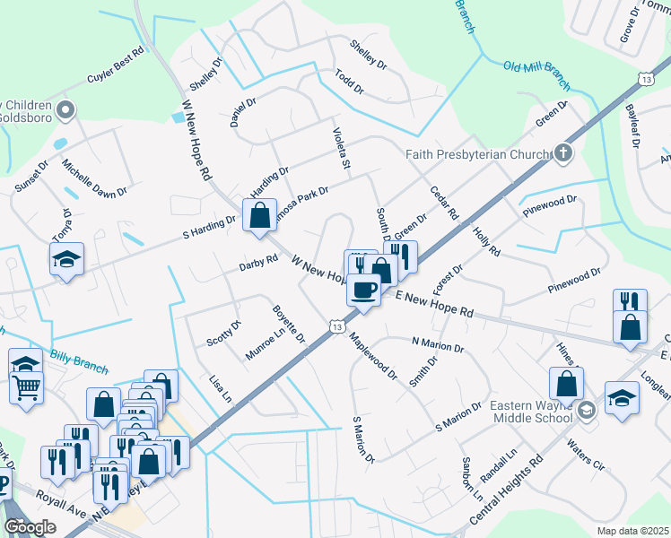 map of restaurants, bars, coffee shops, grocery stores, and more near 1922 Pinemont Circle in Goldsboro
