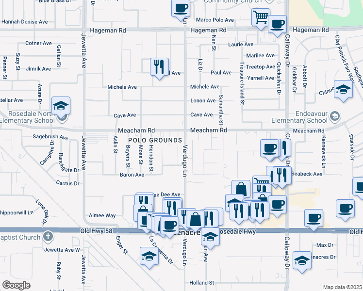 map of restaurants, bars, coffee shops, grocery stores, and more near 3213 Verdugo Lane in Bakersfield