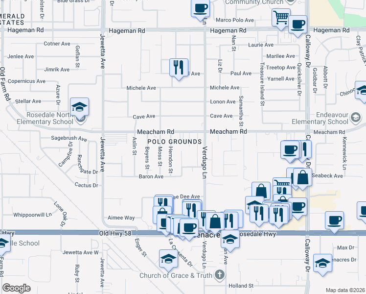 map of restaurants, bars, coffee shops, grocery stores, and more near 3218 Granlee Court in Bakersfield