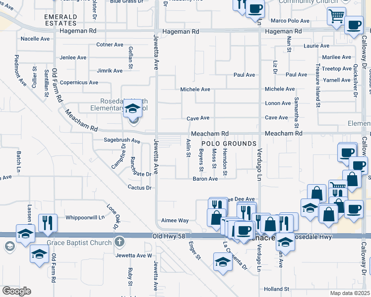 map of restaurants, bars, coffee shops, grocery stores, and more near 3501 Aslin Street in Bakersfield