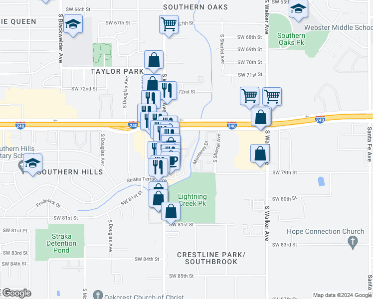 map of restaurants, bars, coffee shops, grocery stores, and more near 829 Two-Forty Place in Oklahoma City