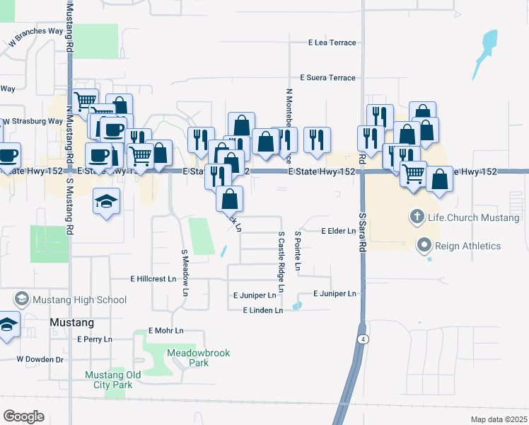 map of restaurants, bars, coffee shops, grocery stores, and more near 613 East Katelyn Lane in Mustang