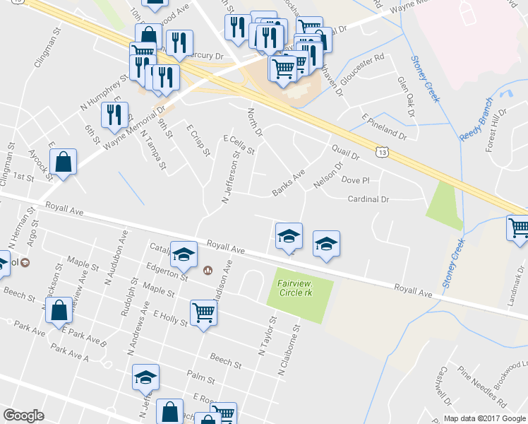 map of restaurants, bars, coffee shops, grocery stores, and more near 1719 East Dogwood Street in Goldsboro