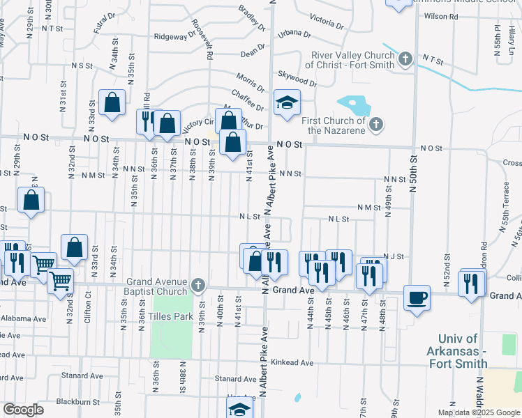 map of restaurants, bars, coffee shops, grocery stores, and more near 1400 North 41st Street in Fort Smith