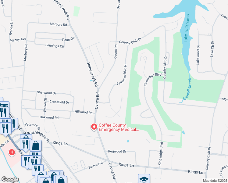 map of restaurants, bars, coffee shops, grocery stores, and more near 106 Fairways Boulevard North in Tullahoma