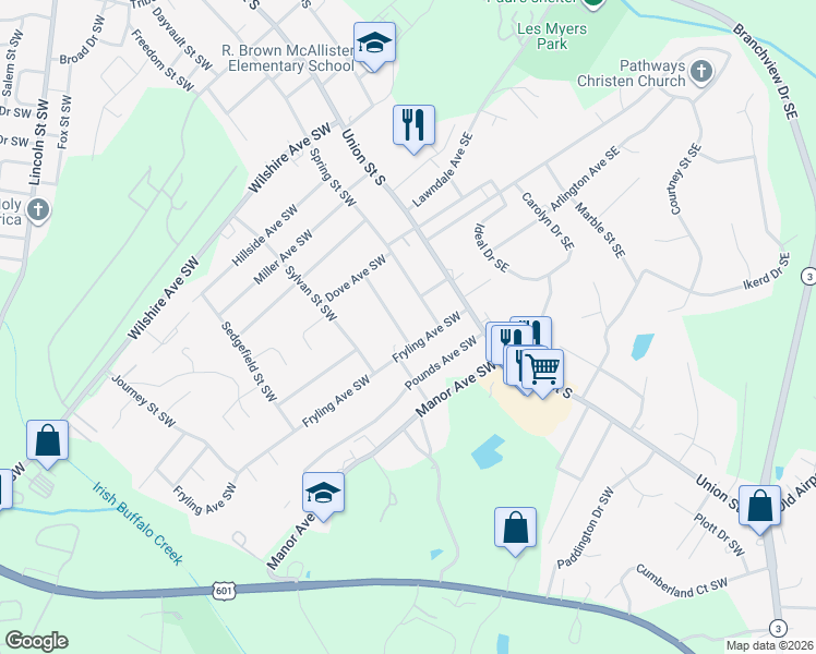map of restaurants, bars, coffee shops, grocery stores, and more near 731 Elizabeth Street Southwest in Concord