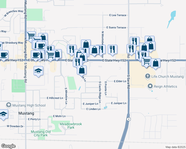 map of restaurants, bars, coffee shops, grocery stores, and more near 609 East Katelyn Lane in Mustang