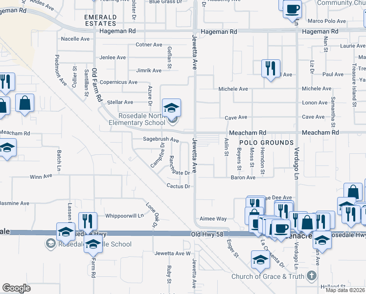 map of restaurants, bars, coffee shops, grocery stores, and more near 3217 Chuckwagon Street in Bakersfield