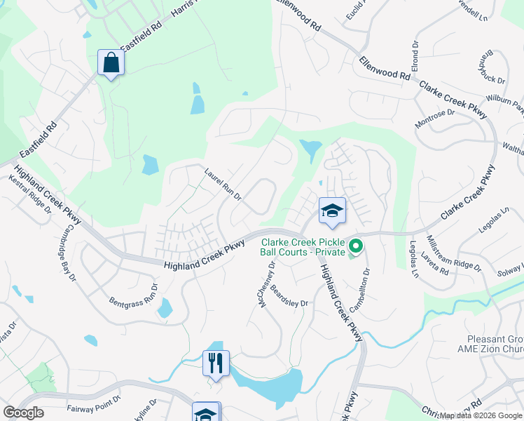 map of restaurants, bars, coffee shops, grocery stores, and more near 8436 Laurel Run Drive in Charlotte