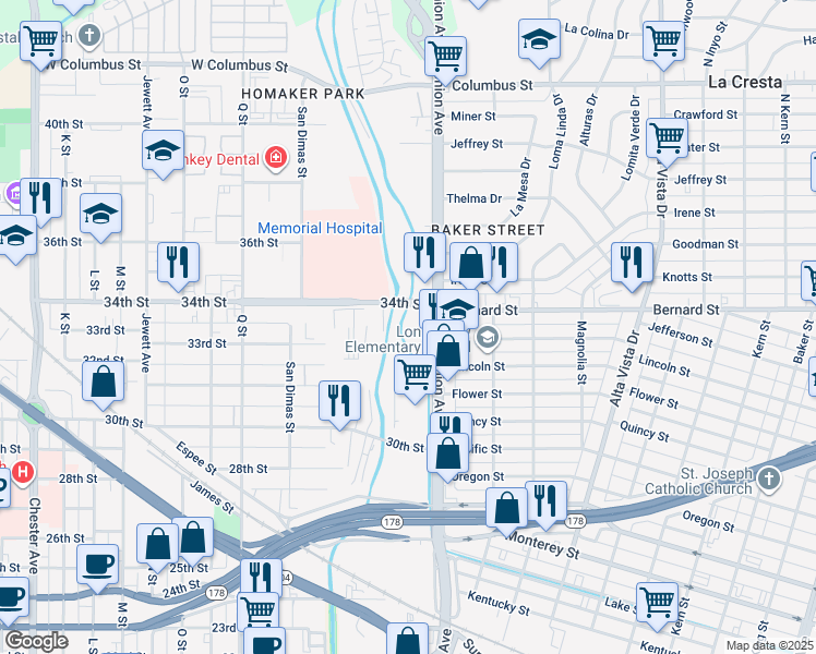 map of restaurants, bars, coffee shops, grocery stores, and more near 205 34th Street in Bakersfield