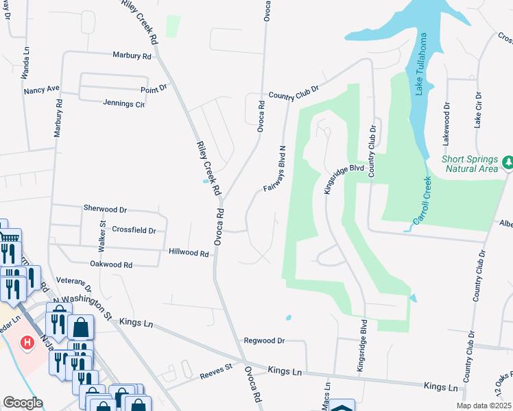 map of restaurants, bars, coffee shops, grocery stores, and more near 106 Fairways Boulevard North in Tullahoma