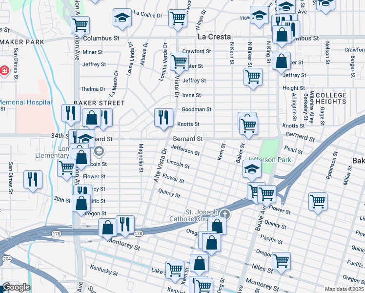 map of restaurants, bars, coffee shops, grocery stores, and more near 326 Jefferson Street in Bakersfield