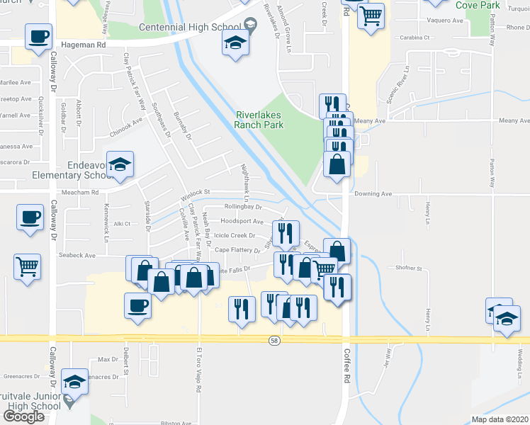 map of restaurants, bars, coffee shops, grocery stores, and more near 8505 Rollingbay Drive in Bakersfield