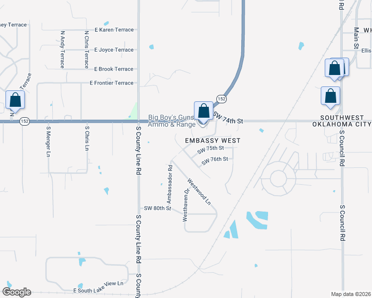 map of restaurants, bars, coffee shops, grocery stores, and more near 7553 Embassy Terrace in Oklahoma City