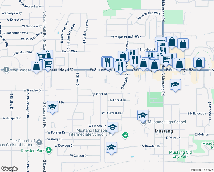 map of restaurants, bars, coffee shops, grocery stores, and more near 516 Park Place in Mustang