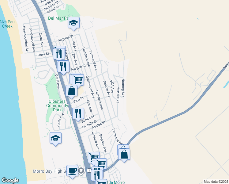 map of restaurants, bars, coffee shops, grocery stores, and more near 2525 Laurel Avenue in Morro Bay