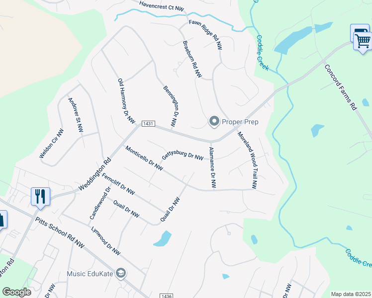 map of restaurants, bars, coffee shops, grocery stores, and more near 5820 Gettysburg Drive Northwest in Concord