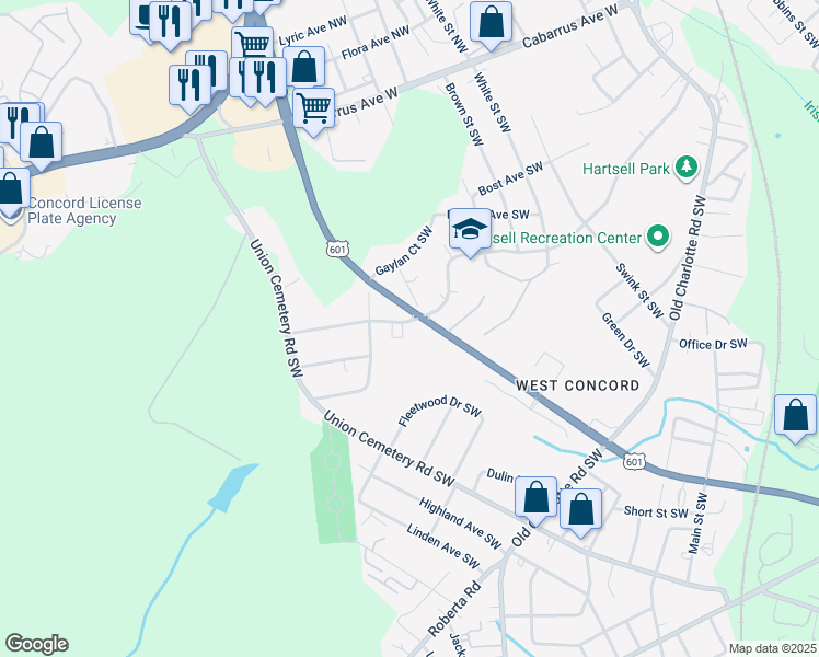 map of restaurants, bars, coffee shops, grocery stores, and more near 765 Sunderland Road Southwest in Concord