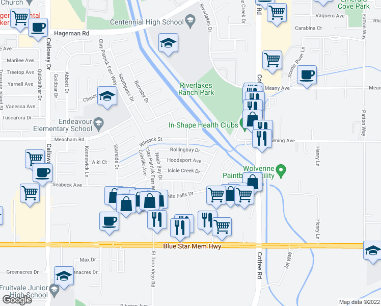 map of restaurants, bars, coffee shops, grocery stores, and more near 8525 Rollingbay Drive in Bakersfield