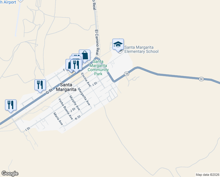 map of restaurants, bars, coffee shops, grocery stores, and more near 22149 J Street in Santa Margarita