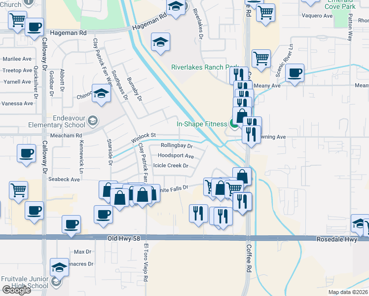 map of restaurants, bars, coffee shops, grocery stores, and more near 8502 Hoodsport Avenue in Bakersfield