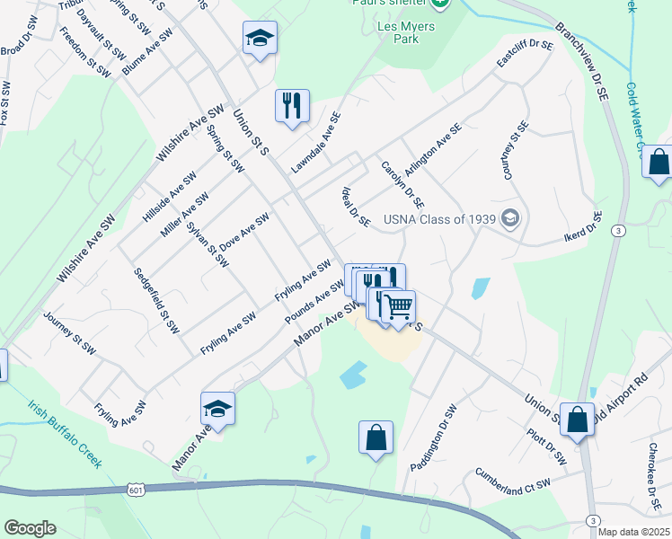 map of restaurants, bars, coffee shops, grocery stores, and more near 43 Fryling Avenue Southwest in Concord