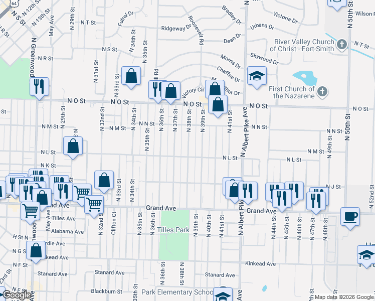 map of restaurants, bars, coffee shops, grocery stores, and more near 1401 North 38th Street in Fort Smith