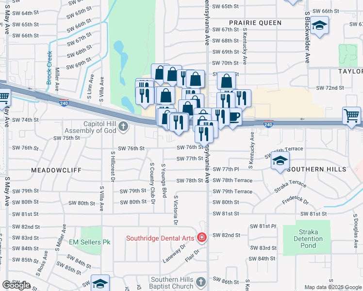 map of restaurants, bars, coffee shops, grocery stores, and more near 2124 Southwest 76th Street in Oklahoma City