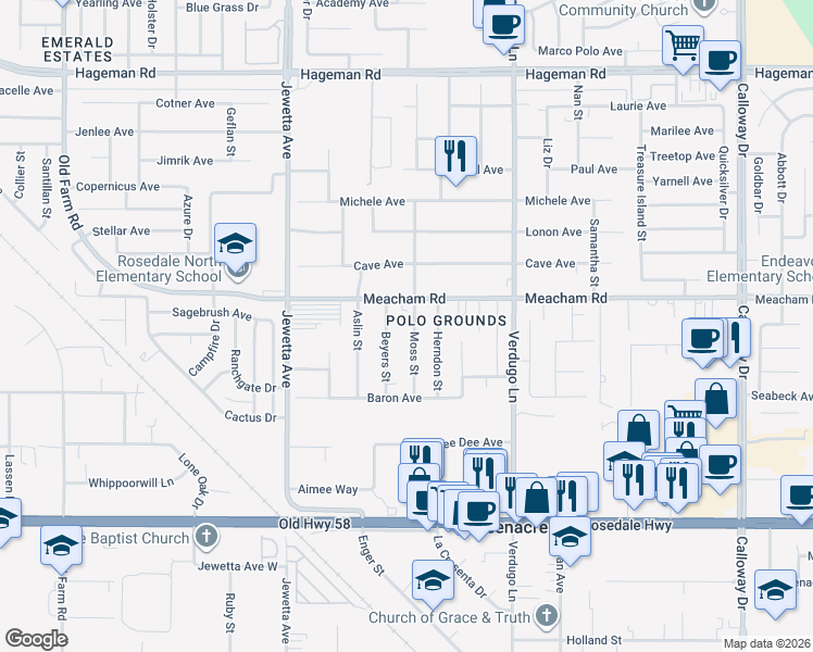 map of restaurants, bars, coffee shops, grocery stores, and more near 3435 Moss Street in Bakersfield
