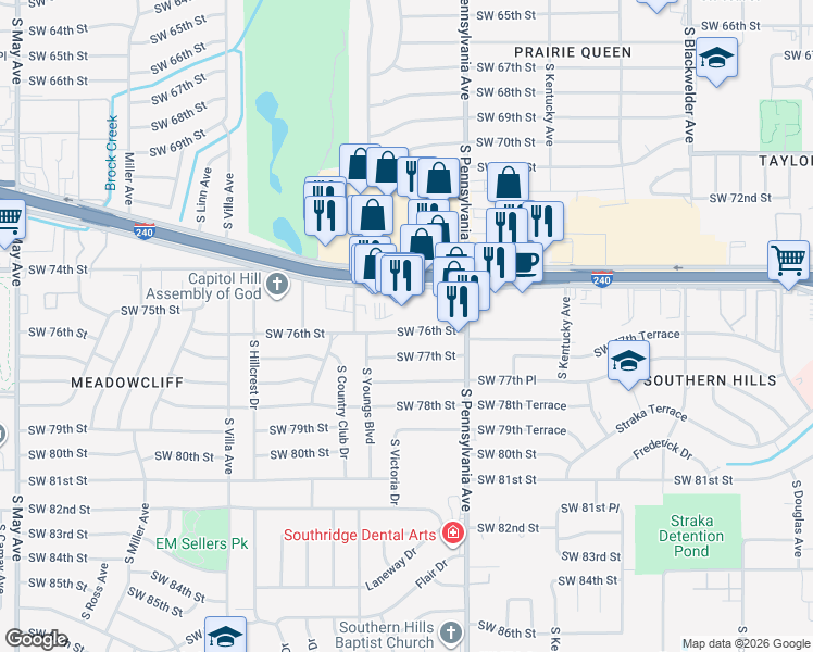 map of restaurants, bars, coffee shops, grocery stores, and more near 2124 Southwest 76th Street in Oklahoma City