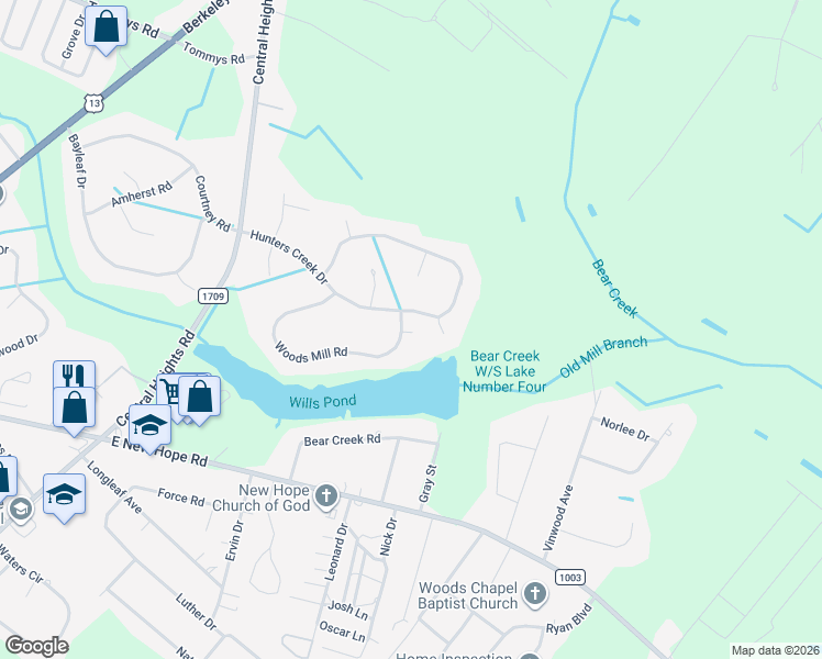 map of restaurants, bars, coffee shops, grocery stores, and more near 148 Woods Mill Road in Goldsboro