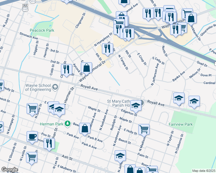 map of restaurants, bars, coffee shops, grocery stores, and more near 1201 Royall Avenue in Goldsboro