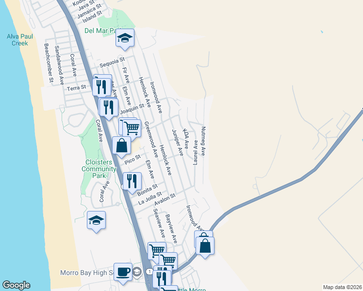 map of restaurants, bars, coffee shops, grocery stores, and more near 2560 Juniper Avenue in Morro Bay