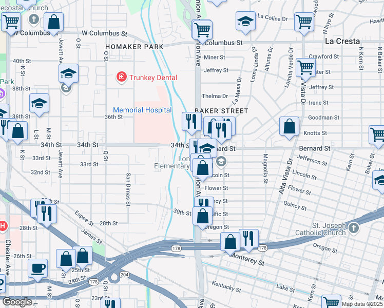 map of restaurants, bars, coffee shops, grocery stores, and more near 3333 Union Avenue in Bakersfield