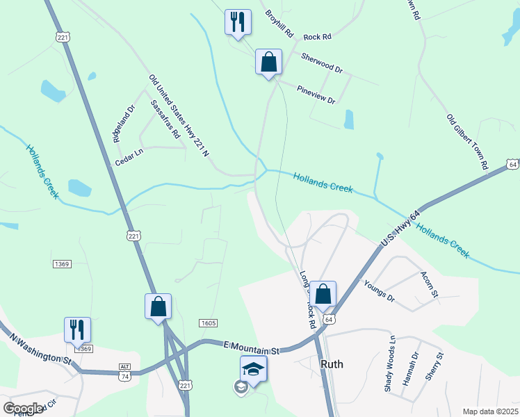 map of restaurants, bars, coffee shops, grocery stores, and more near 341 Rock Road in Rutherfordton