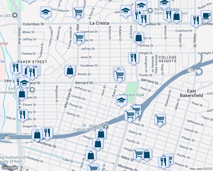 map of restaurants, bars, coffee shops, grocery stores, and more near 623 Grace Street in Bakersfield