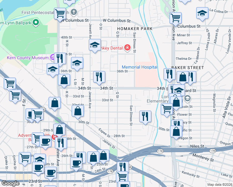 map of restaurants, bars, coffee shops, grocery stores, and more near 710 33rd Street in Bakersfield