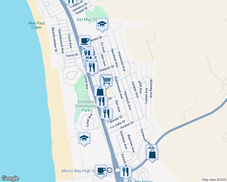 map of restaurants, bars, coffee shops, grocery stores, and more near 2650 Main Street in Morro Bay