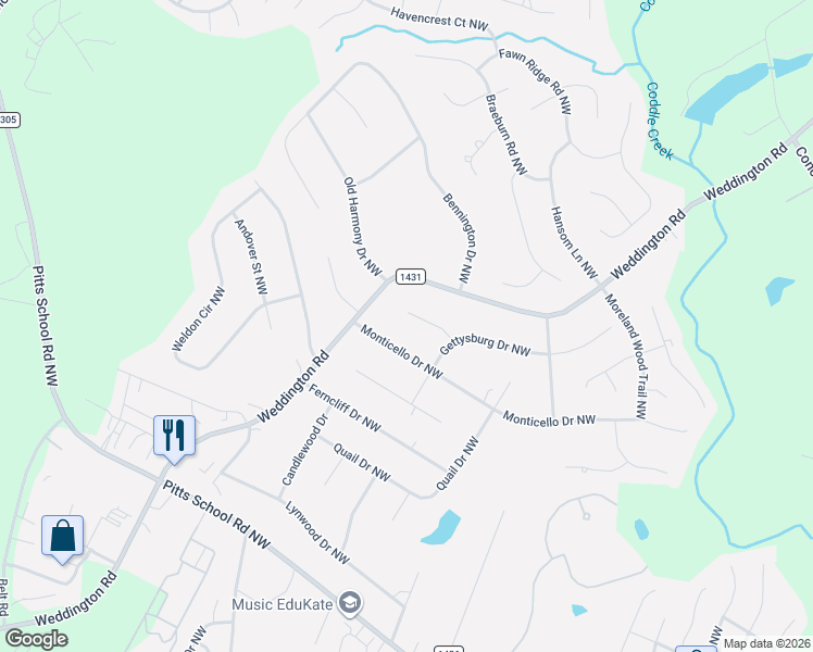 map of restaurants, bars, coffee shops, grocery stores, and more near 6222 Monticello Drive Northwest in Concord