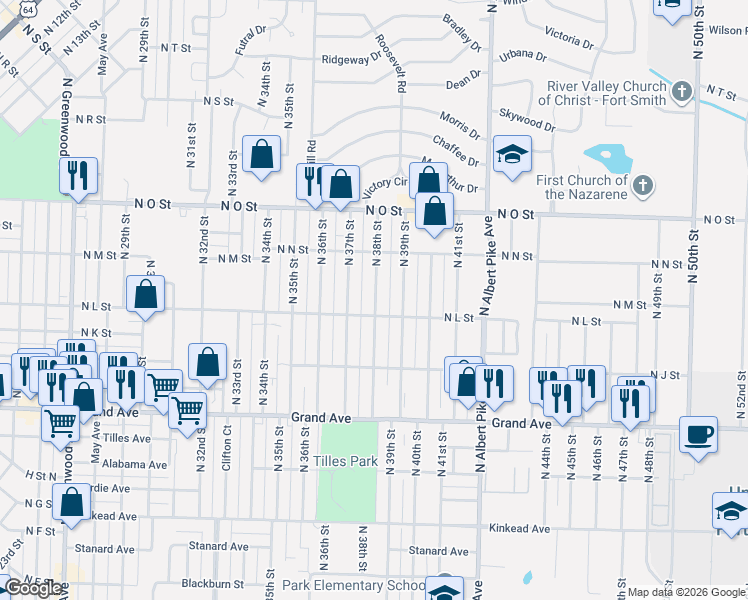map of restaurants, bars, coffee shops, grocery stores, and more near 1401 North 38th Street in Fort Smith