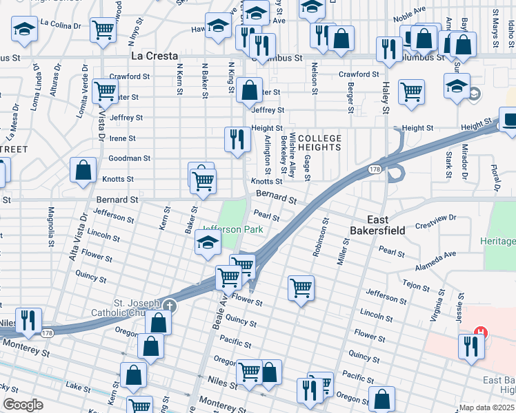 map of restaurants, bars, coffee shops, grocery stores, and more near 906 Pearl Street in Bakersfield