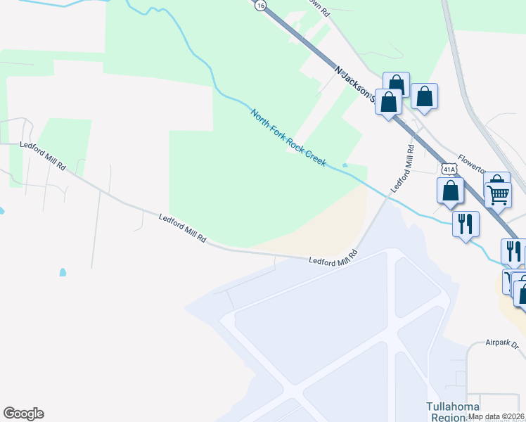 map of restaurants, bars, coffee shops, grocery stores, and more near 320 Ledford Mill Road in Tullahoma