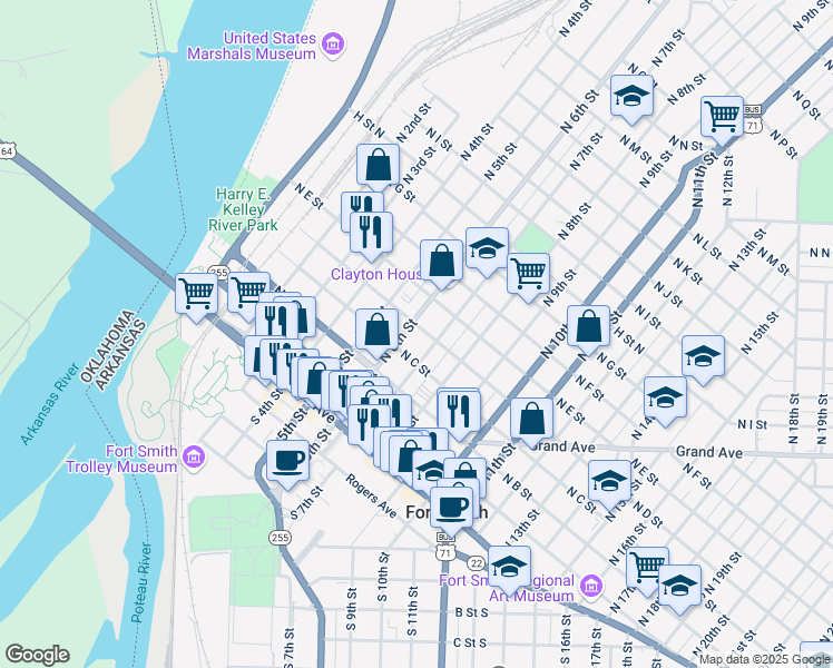 map of restaurants, bars, coffee shops, grocery stores, and more near 322 North 6th Street in Fort Smith