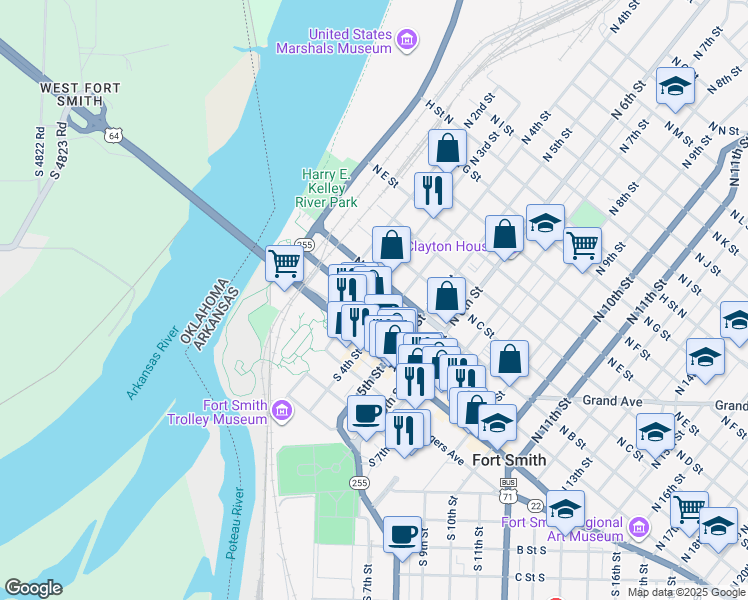 map of restaurants, bars, coffee shops, grocery stores, and more near 301 North A Street in Fort Smith