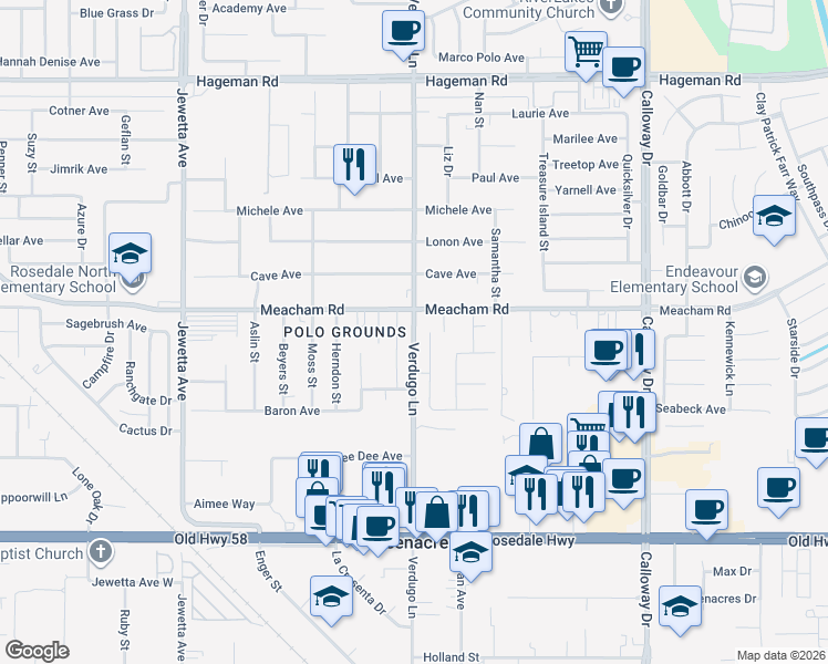 map of restaurants, bars, coffee shops, grocery stores, and more near Verdugo Lane in Bakersfield