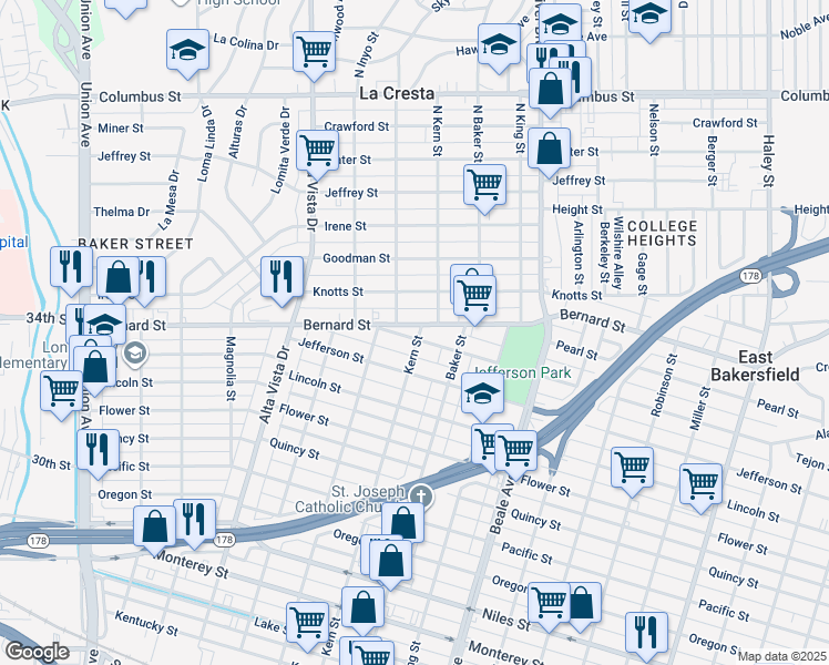 map of restaurants, bars, coffee shops, grocery stores, and more near 511 Bernard Street in Bakersfield