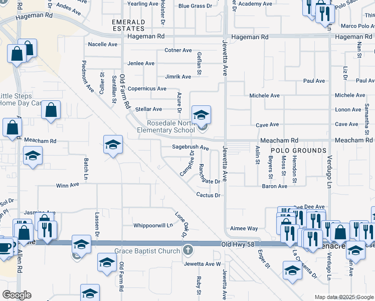 map of restaurants, bars, coffee shops, grocery stores, and more near 3210 Aries Court in Bakersfield