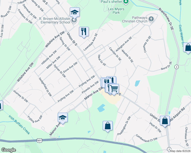 map of restaurants, bars, coffee shops, grocery stores, and more near 43 Fryling Avenue Southwest in Concord